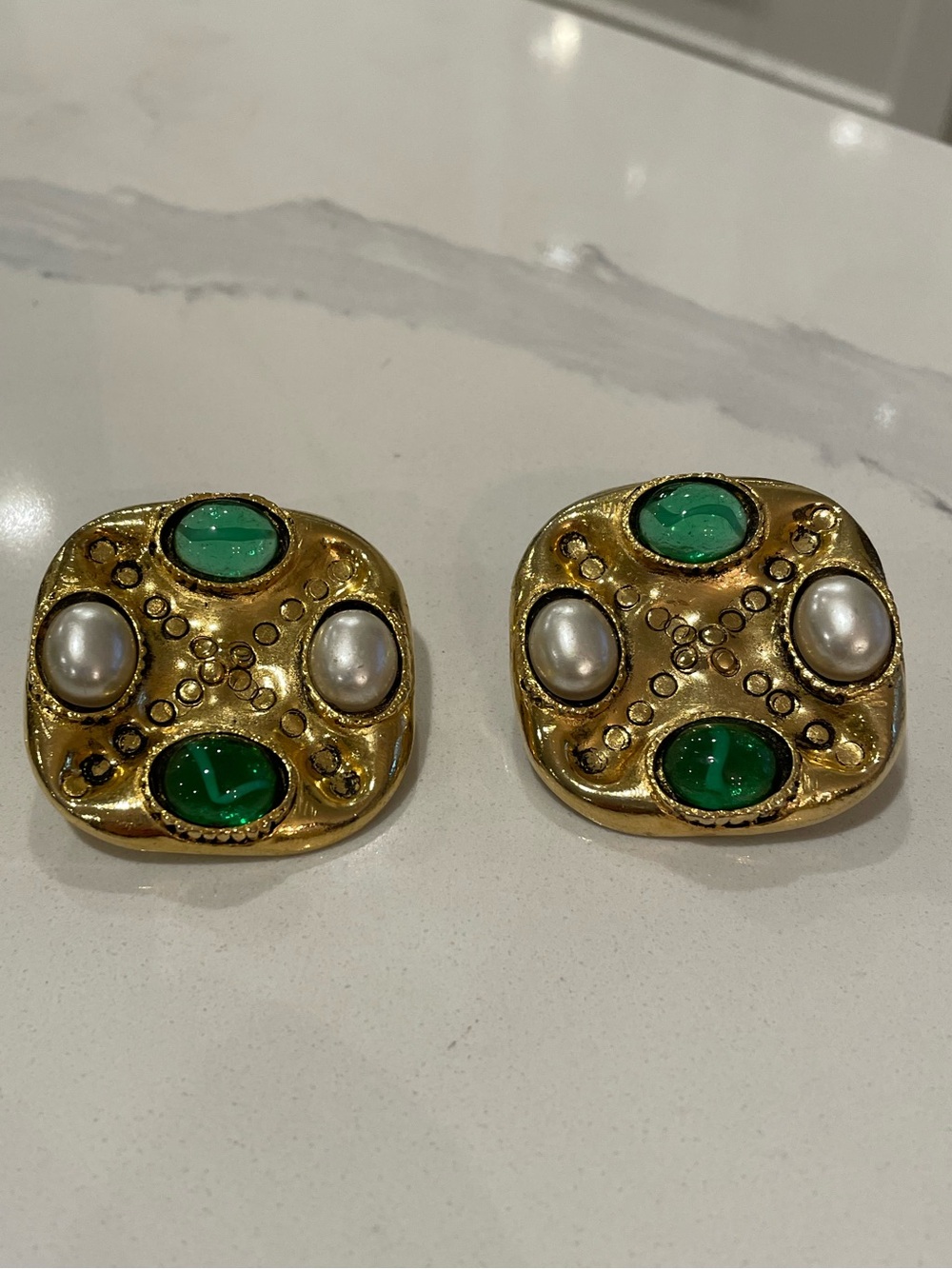 Vintage Glam Gold-Tone Green Gem & Pearl Statement Clip Earrings